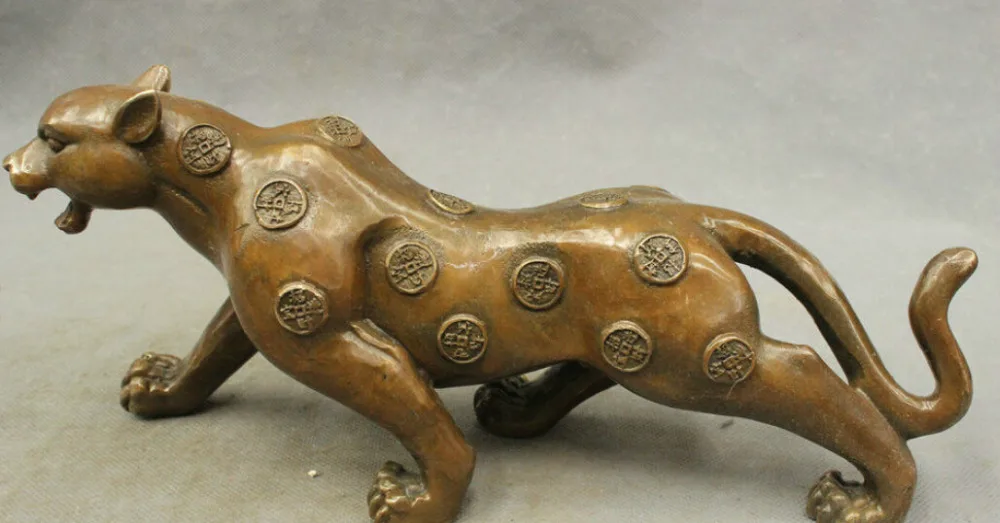 

11"Chinese Folk FnegShui Bronze Copper Coin Ferocious Leopard Panther Statue Set