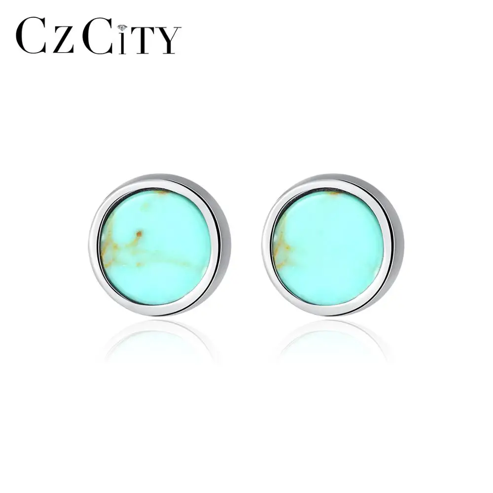 

CZCITY Round Turquoise Stud Earrings for Women Anniversary 925 Sterling Silver Fine Jewelry Boucle D'Oreille Femme Gifts SE0410