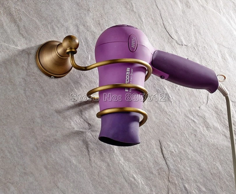 Antique Brass Wall Mounted Concise Bathroom Hair Dryer Holder Rack Hair Drier Storage Organizer / Bathroom Shelves Wba144 gold finish brass bathroom hair dryer holder wall mounted