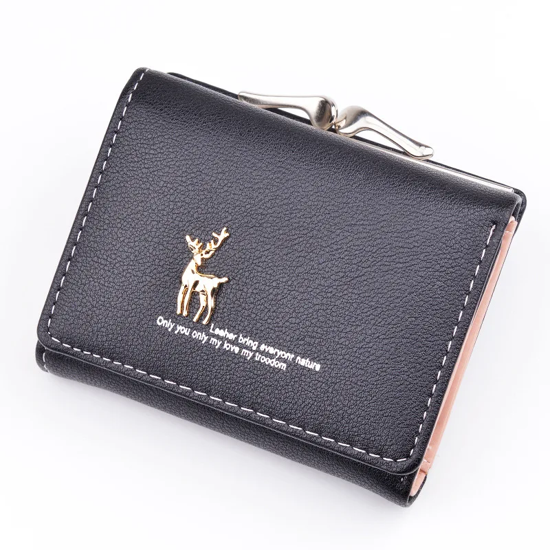 

Trifold Small Wallet Girl Metal Deer Brief Design Wallets Women Kiss Lock Coin Purse Ladies Pu Leather Student Short Wallet