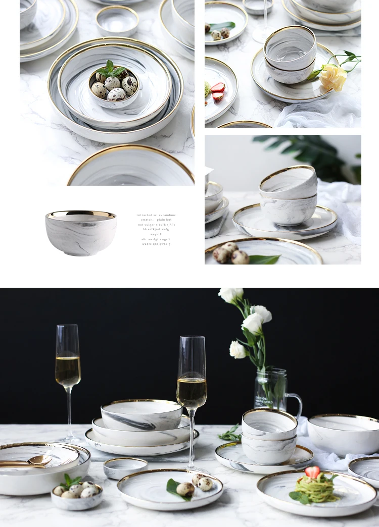 European Style Ceramic Marble Texture Spaghetti Plate Gold Border Tableware Vegetables Deep Dishes Rice Bowl Soup Noodle Bowls