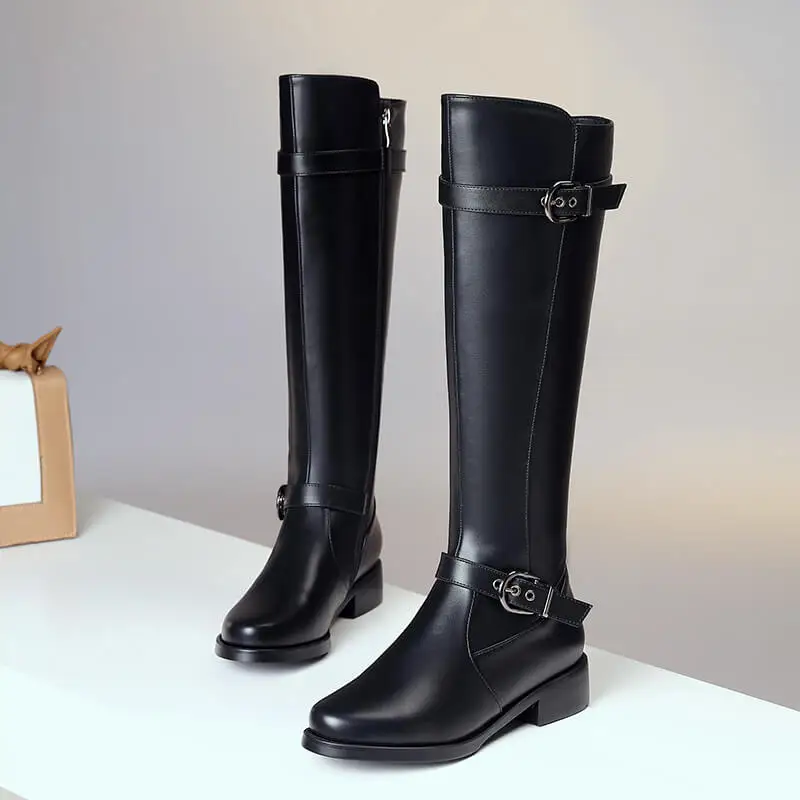 Women's Black Leather Knee High Winter Boots with Fashion Buckle, Warm Plush Lining, and Flat Heel image 4