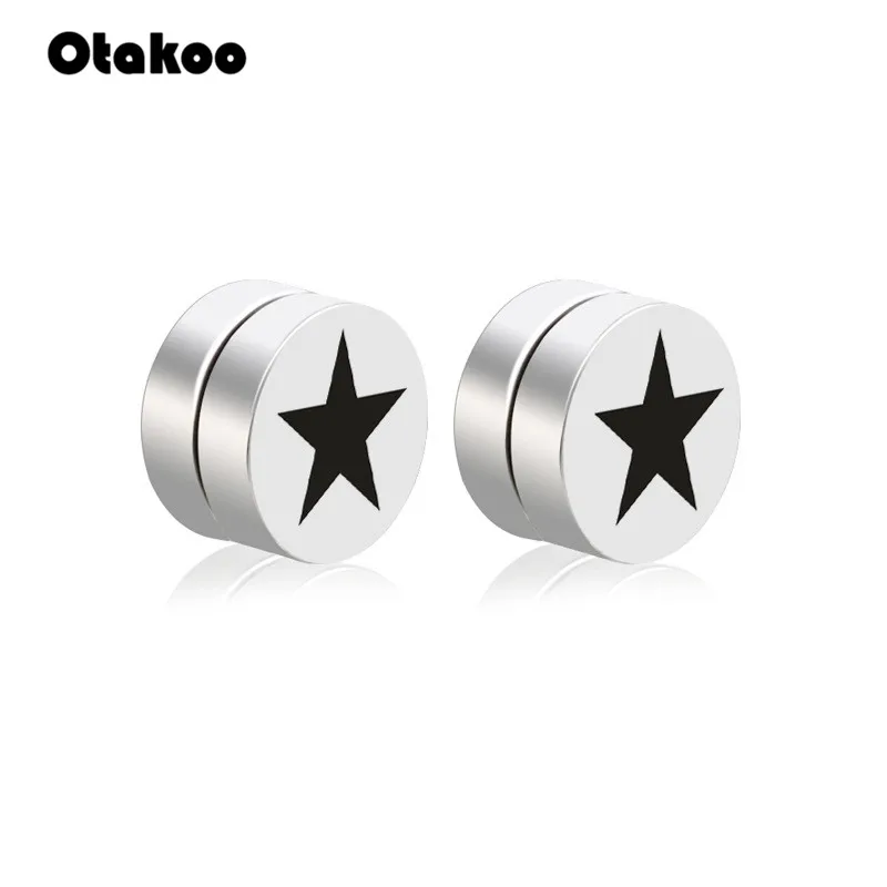 Круглые магнитные серьги гвоздики Otakoo из нержавеющей стали с черной звездой