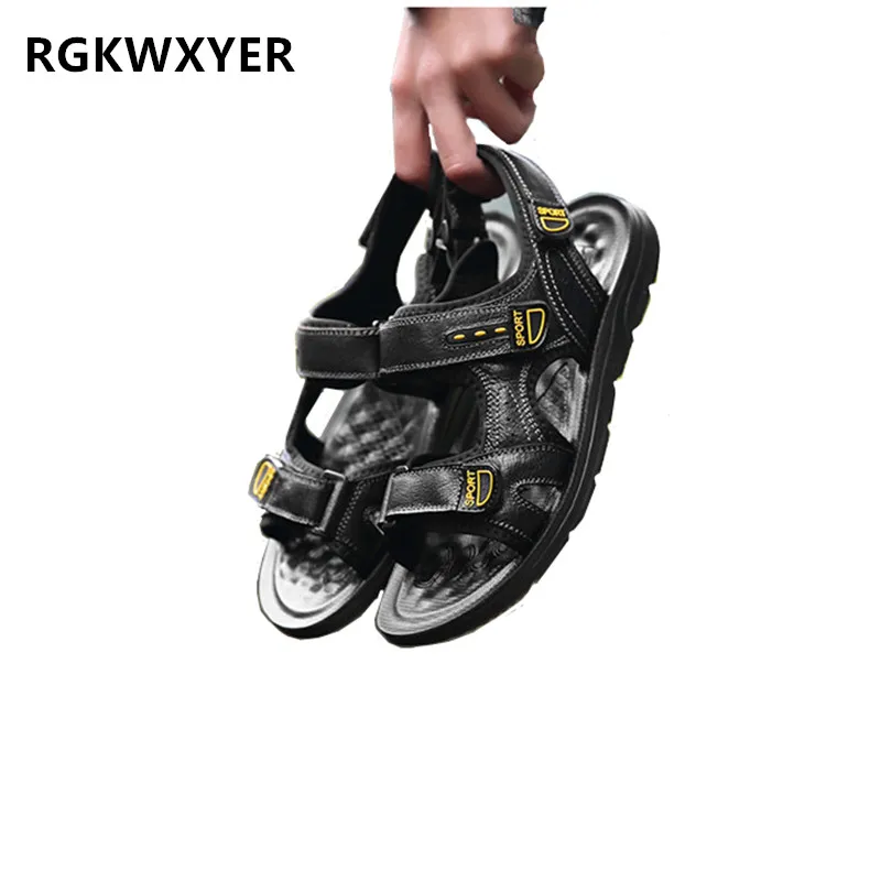 

RGKWXYER High Quality Summer Men Sandals Real Leather NonSplit Soft Comfortable Casual Men Shoes Fashion Open Toe Beach Shoes