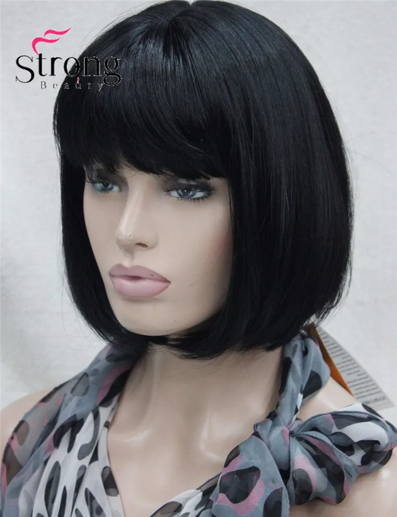 E-1290 #1 hivision cute jet black short straight bob synthetic centre skin top women's wig (3)