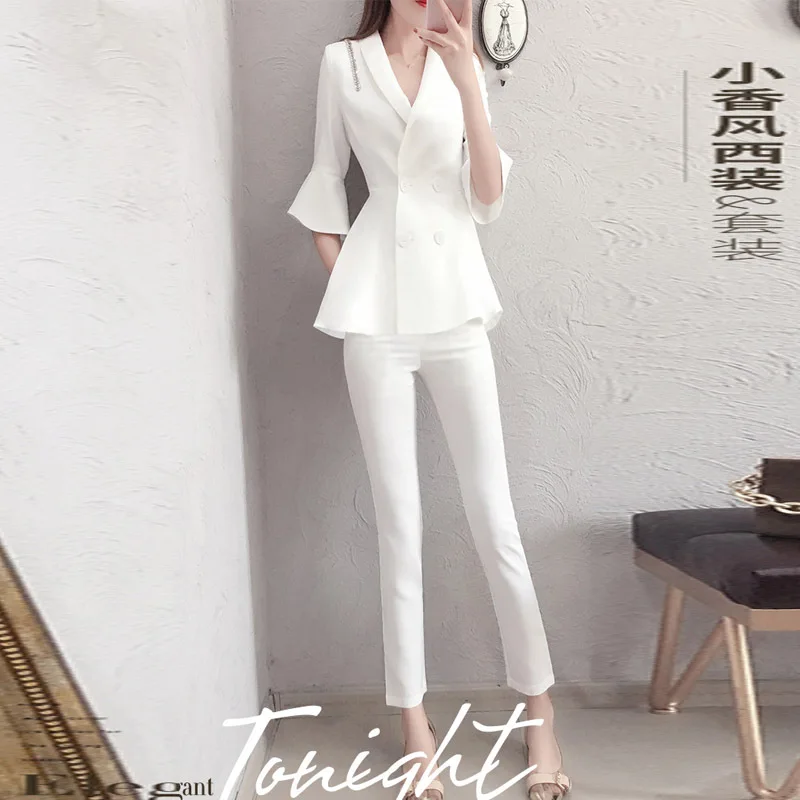 2019 new ladies suits Trousers and jacket for women white blazer Slim-fit double-breasted short-sleeved suit Pants suit female