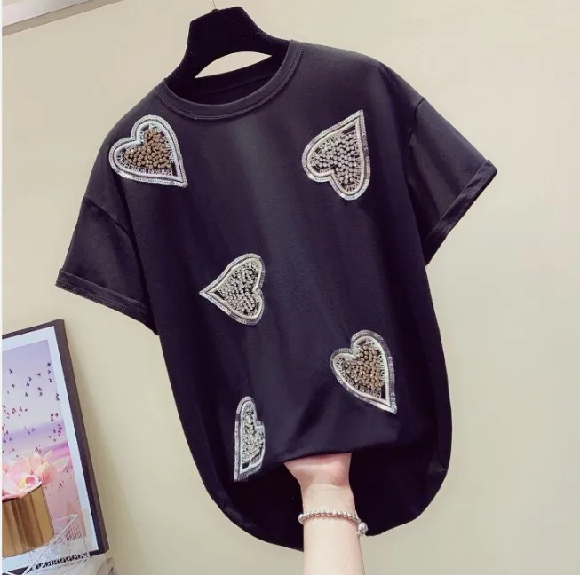 Love Diamond обтягивающая футболка Топ Весна Лето новые женские футболки с круглым воротником и короткими рукавами Студенческая футболка в блестках Топы