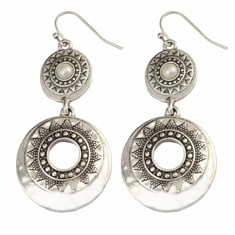 

Turkish Round Silver Earrings For Women Ethnic Bohemian Pearl Dangle Earrings Afghan Jewelry Female Mental India Earrings Party