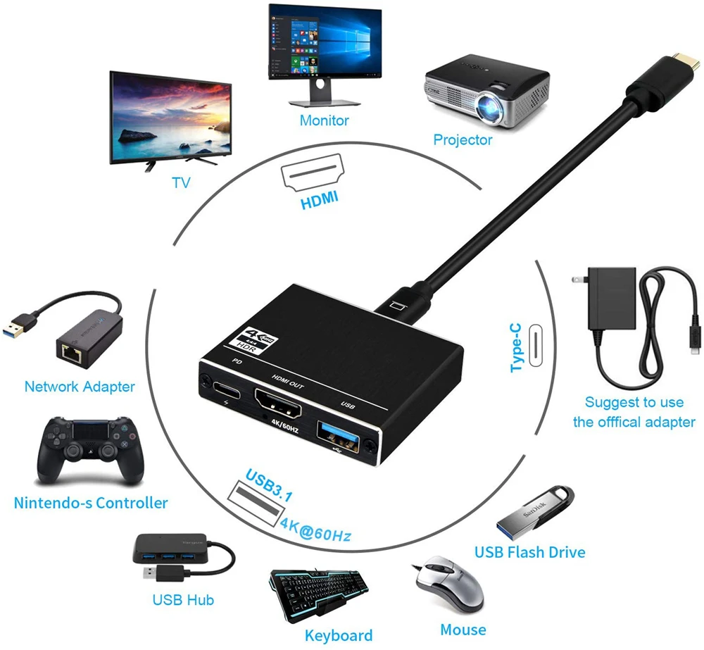 Адаптер зарядный 3 в 1 с портом USB Type C на Thunderbolt HDMI 2 0 4K 60 Гц 100 Вт|Кабели VGA| |