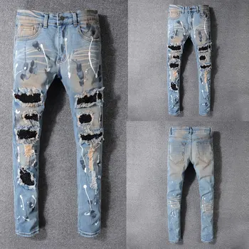 

2019 Summer New Men Jeans,Blue Color High Quality Patchwork Casual Pants Slim Fit Brand Streetwear Stretch Biker Jeans Men