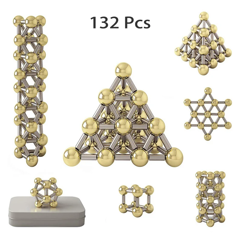 132 шт. Магнитный Строительный набор, магнитные палочки и позолоченные шарики, строительные блоки, наборы игрушек, 3D металлическая головоломка, Настольная офисная игрушка