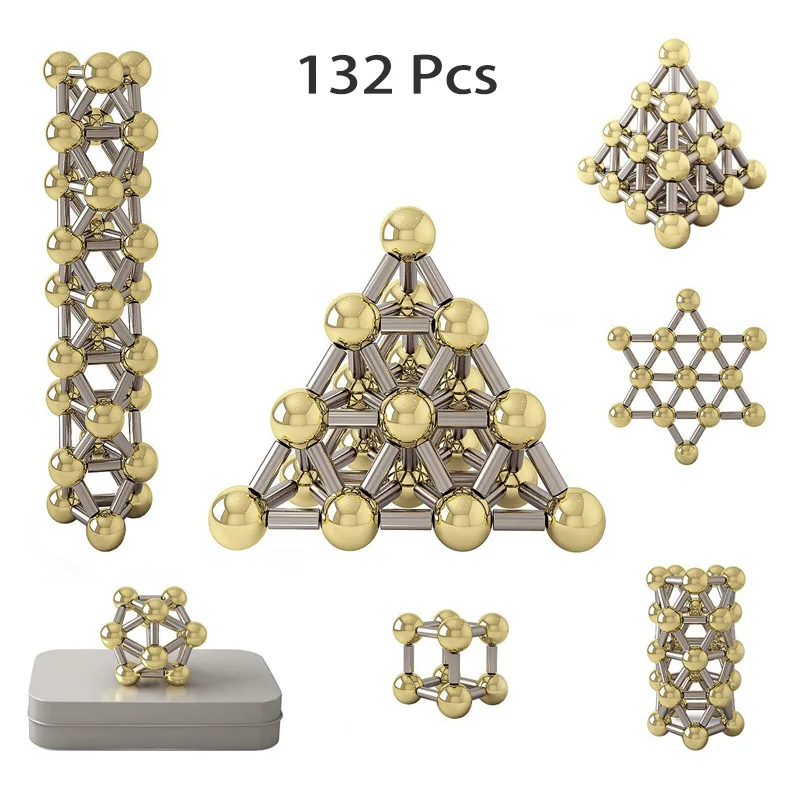 

132pcs Magnet Construction Set Magnetic Stick&Gold Plating Balls Building Blocks Toys Sets,3D Metal Puzzle Desk Office Toy
