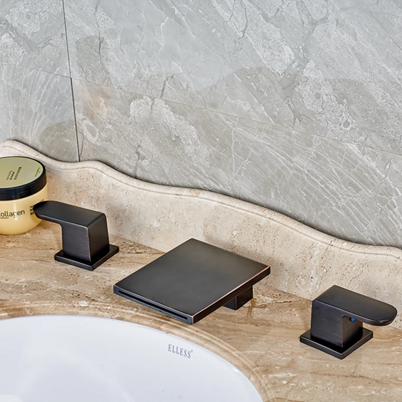 

Modern Square Waterfall Bathroom Oil Rubbed Bronze Faucet Dual Handles Tub Spout