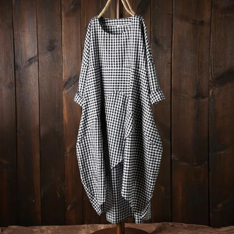 

Women Casual dress Loose New Fashion Plus Size Irregular ladies boho ethnic Plaid Long Sleeve Dresses lady holiday dress vestido