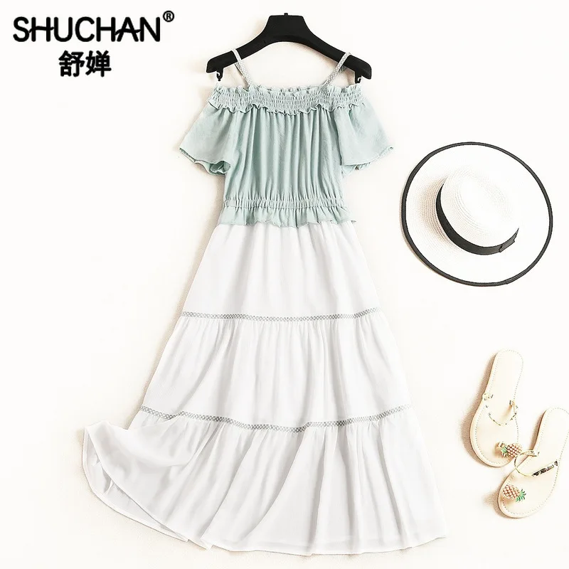 

Shuchan Summer Sundresses and Dresses 2019 Spaghetti Strap Slash Neck Beach Style A-Line Patchwork Knee-Length Dress 51405