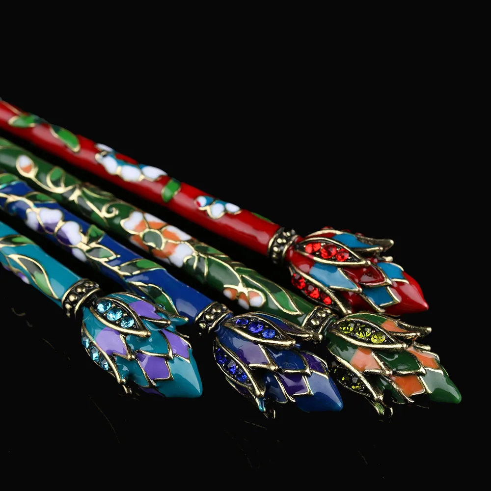 

2017 new Cloisonne Hair Sticks Rhinestone Lotus Charm Hairpins Chignon Pin Handmade Hair Accessories