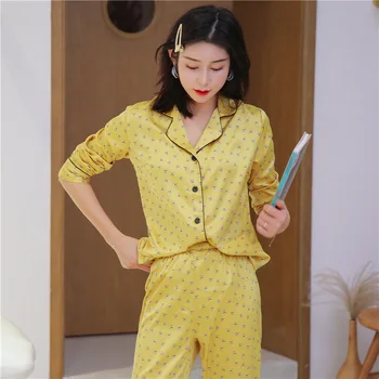 

Pajamas Suit Turn Down Collar Satin WomenSleep Set Daily Lounge 2PCS Shirt&pant Nightwear Four Buttons Print Sleepwear homewear