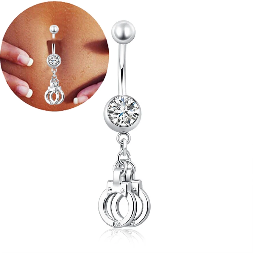 2017 Sexy Handcuffs White Gold Color Navel Percing Clear Rhinestone