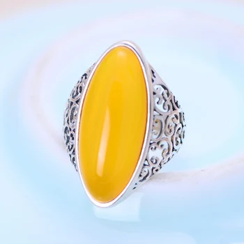 

MetJakt Natural Yellow Chalcedony Ring with Hand-carved Hollow Pattern Solid 925 Sterling Silver Ring for Women Vintage Jewelry