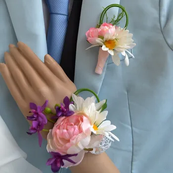 

Wedding Flower Man Boutonniere Groom Groomsman Pin Brooch Corsage Decoration Artificial Bride Bridesmaid Wrist Flower 2PCS/Lot