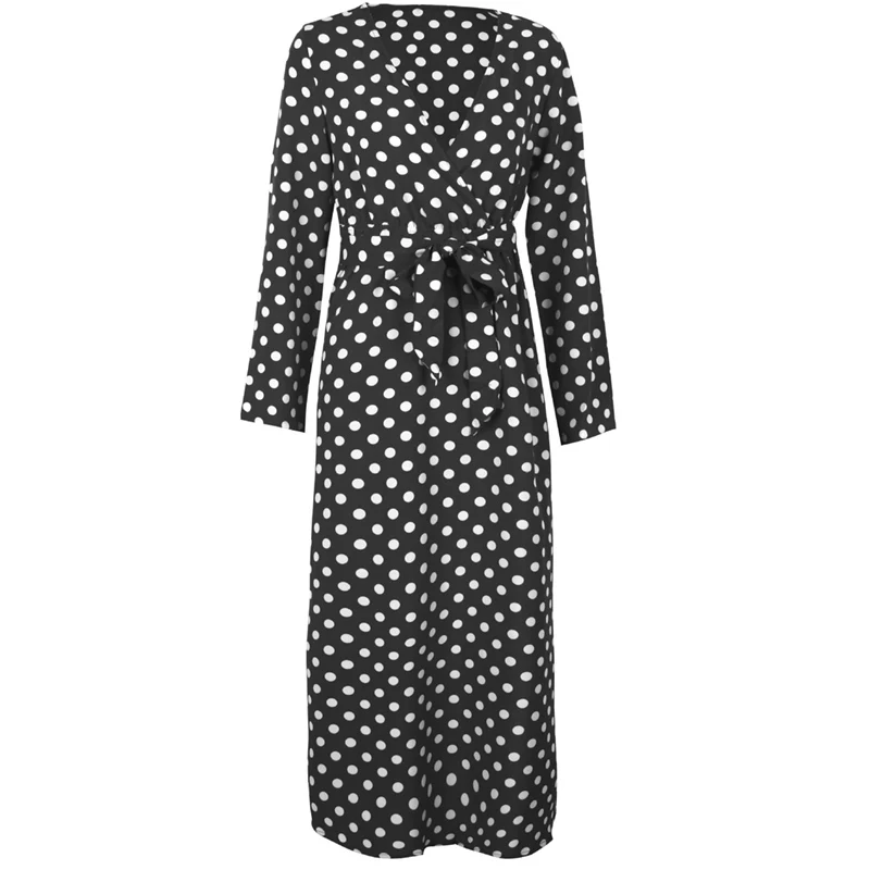 Qunndy 2018 Sexy Long Sleeve V Neck Long Party Maxi Dresses Polka Dot Print Beach Bohemian Vintage Dress Women Casual Vestidos (9)