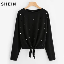 SHEIN Pearl Beaded Knot Front Cute Tee Shirt Black Casual T shirt for Women Long Sleeve