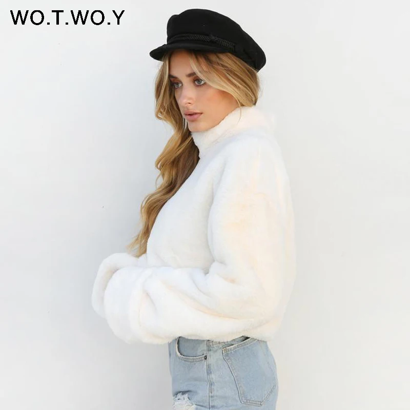 WOTWOY Thick Lambswool Winter Jacket Women Faux Fur Wool Coats Women Outerwear Warm Back Zippers Crop Teddy Jackets Women 2018