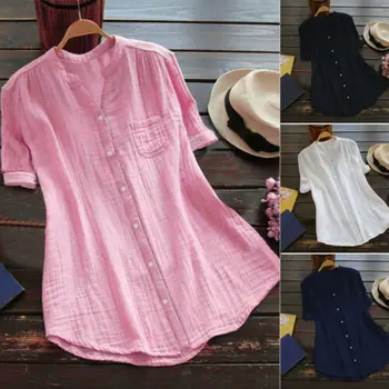 

Womens Plus Size Button Casual Blouse Loose Short Sleeve Shirt 2019 Summer Ladies Tunic Tops Solid Color Tee Woman Clothes S-5XL