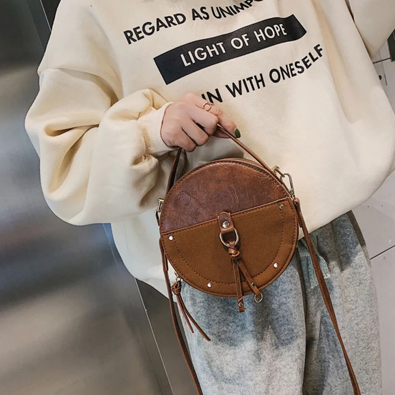 

FGGS-Vintage Scrub Leather Round Designer Crossbody Bag For Women Pu Leather Shoulder Bags Ladies Small Handbags Mini Tote Bag
