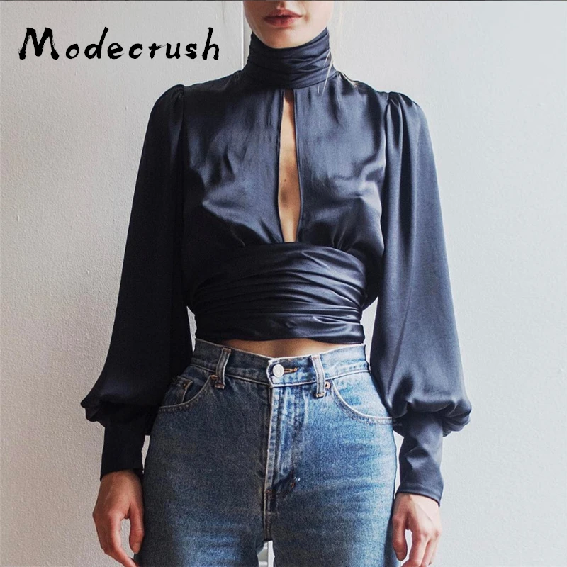 Modecrush Женская атласная блузка с рукавами фонариками Женские топы и блузки