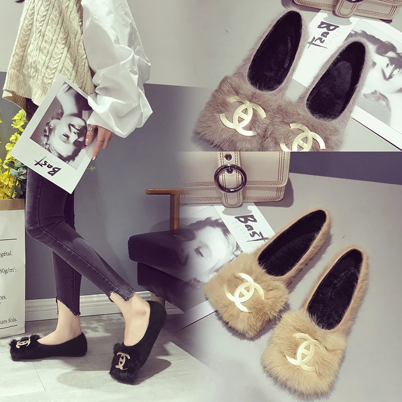 

2019 Autumn Female Furry Flats Shoes Women soft bottom Fashion Metal decoration Ladies Ballet Flats Moccasins