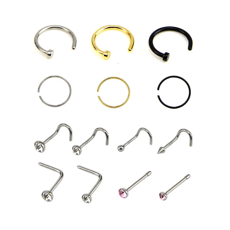 14Pcs/Set Rhinestone Nose Studs Ring Hoop Bone Bar Pin Stainless Steel Nose Ring Piercing Body Jewelry New