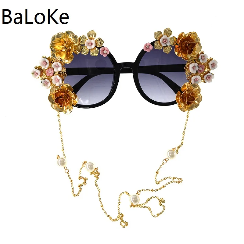 

Fashion Baroque Sunglasses Women Metal Flowers Vintage Chain Eyewear Brand Design Sun Glasses Outdoor Casual Accessorie