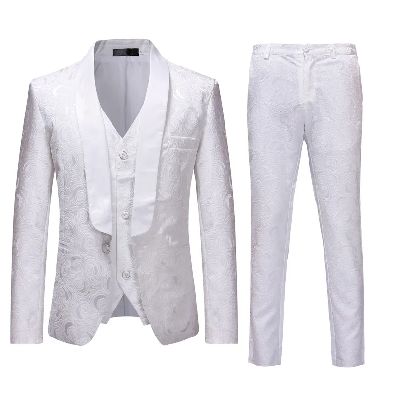 

3 Piece Suits Men White Rose Jacquard Wedding Tuxedo Suit for Men 2019 Brand New Single Button Mens Suits With Pants Prom Blazer