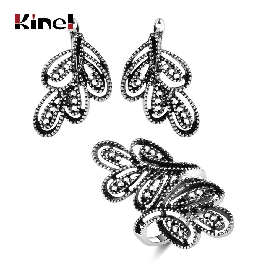 

Kinel 2pcs Vintage Jewelry Sets Antique Silver Color Hollow Flower Rings And Crystal Stud Earring Luxury Party Accessories Gift