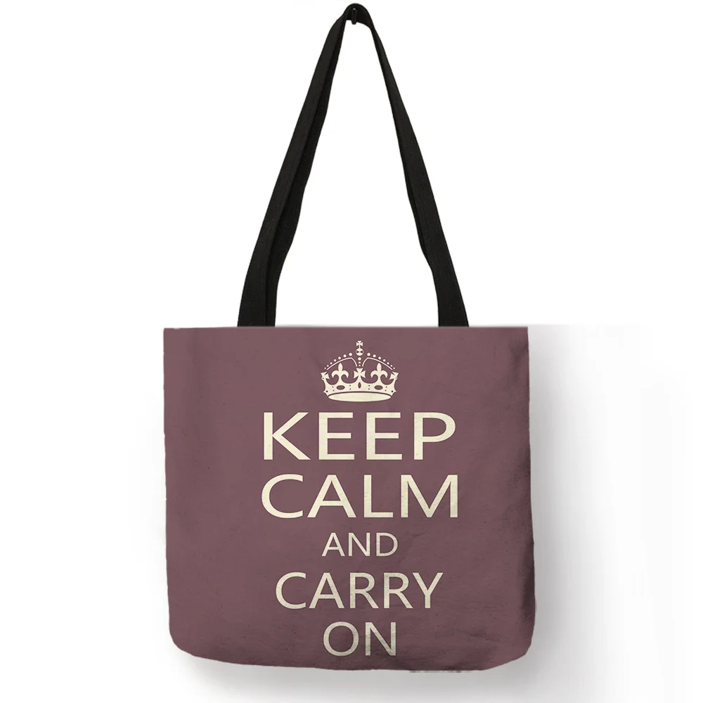 

Keep Calm Letter Printed Handbag Brown Dark Blue Red Khaki Color Tote Bag Linen Durable Daily Office Useful Casual Shoulder Bags