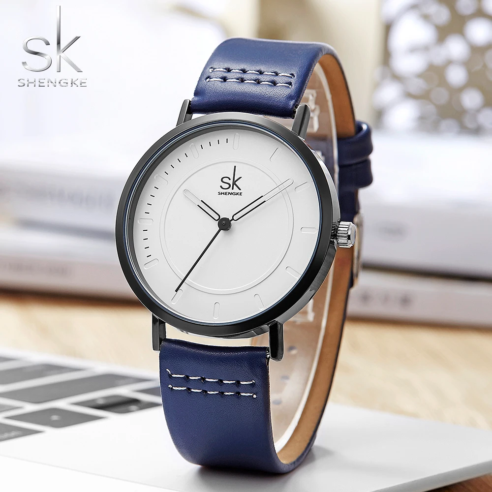 

Shengke Watch For Women Men Wrist Watches Analog Fashion Dress Leather Strap Lover Birthday As Gift For Couple Blue Relogio 2019