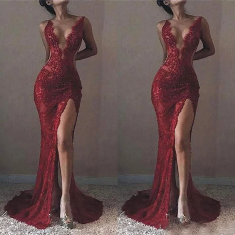 2018 Sexy Plunging V Neck Mermaid Lace Prom Dresses High Side Split Evening Gowns Formal Celebrity Dress139