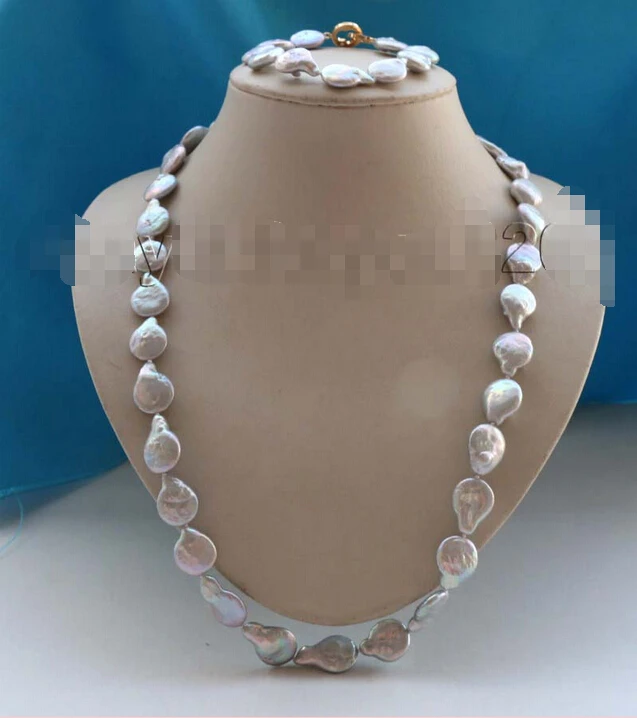 

*******25" Genuine Natural 14x20mm Gray Coin Pearl Necklace Bracelet set 14KGP #f1856!