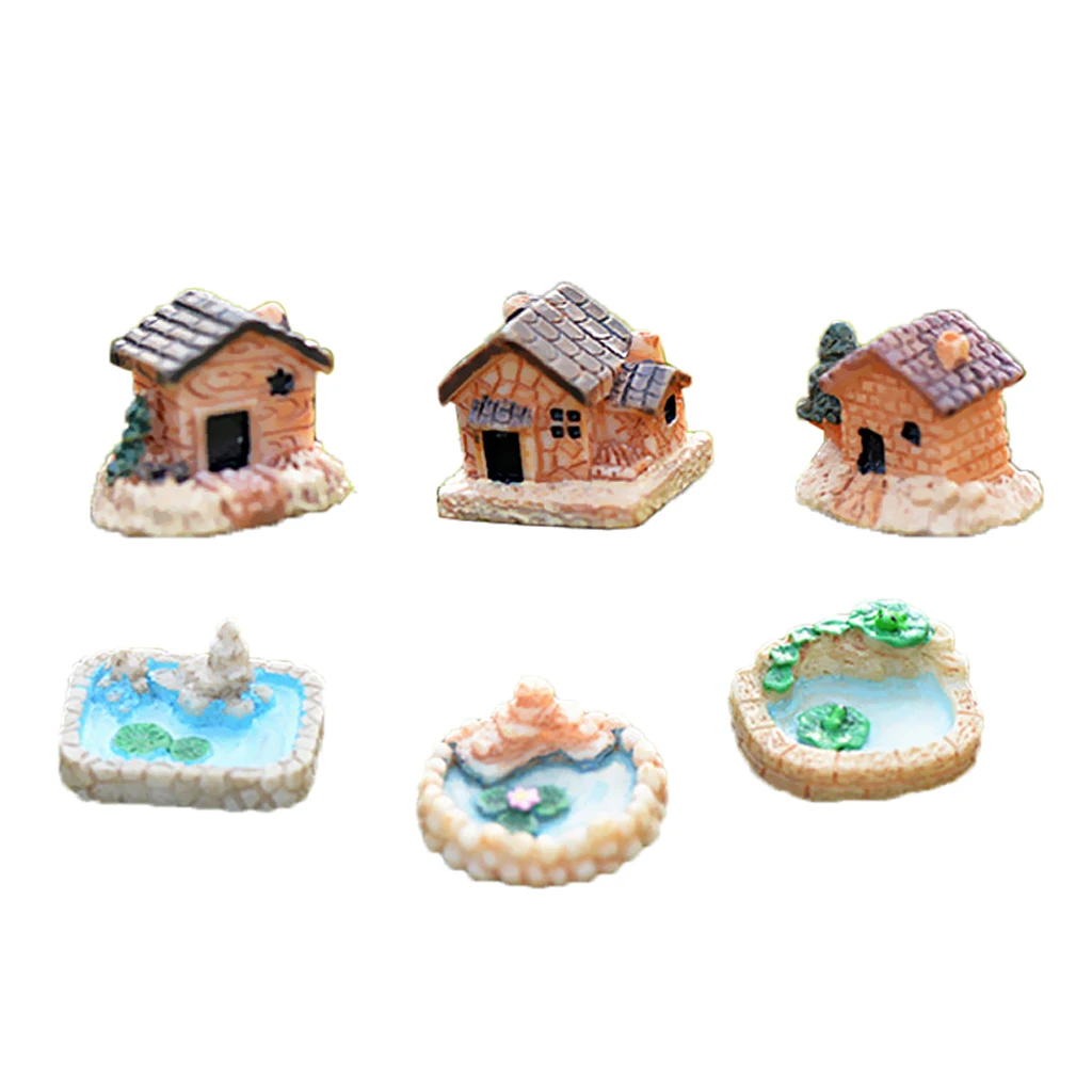 6pcs Handcraft Mini Resin Pool & House Figurine Micro Landscape DIY Fairy Garden Accessories