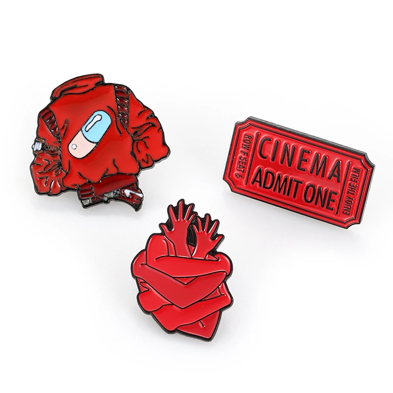 

Red Coat Brooch Pill Drug Capsule Pattern Red Movie Ticket Enamel Pin Backpack Clothing Denim Badge Cool Hand Hug Heart Brooch