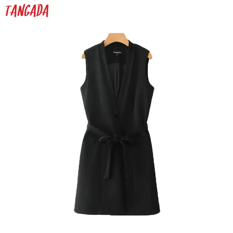 

Tangada women black elegant long vest coat korean style ladies long waistcoat sleeveless with belt outwear female PDL59