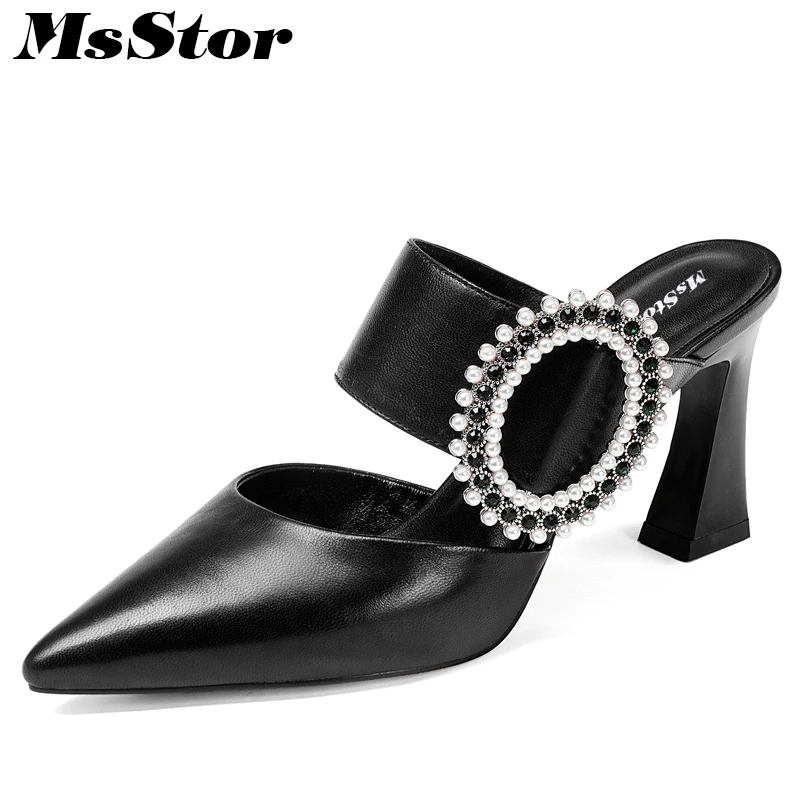 

MsStor Pointed Toe Thin Heels Women Sandals Fashion Pearl String Bead High Heels Crystal Sandals Summer Women High Heel Sandals