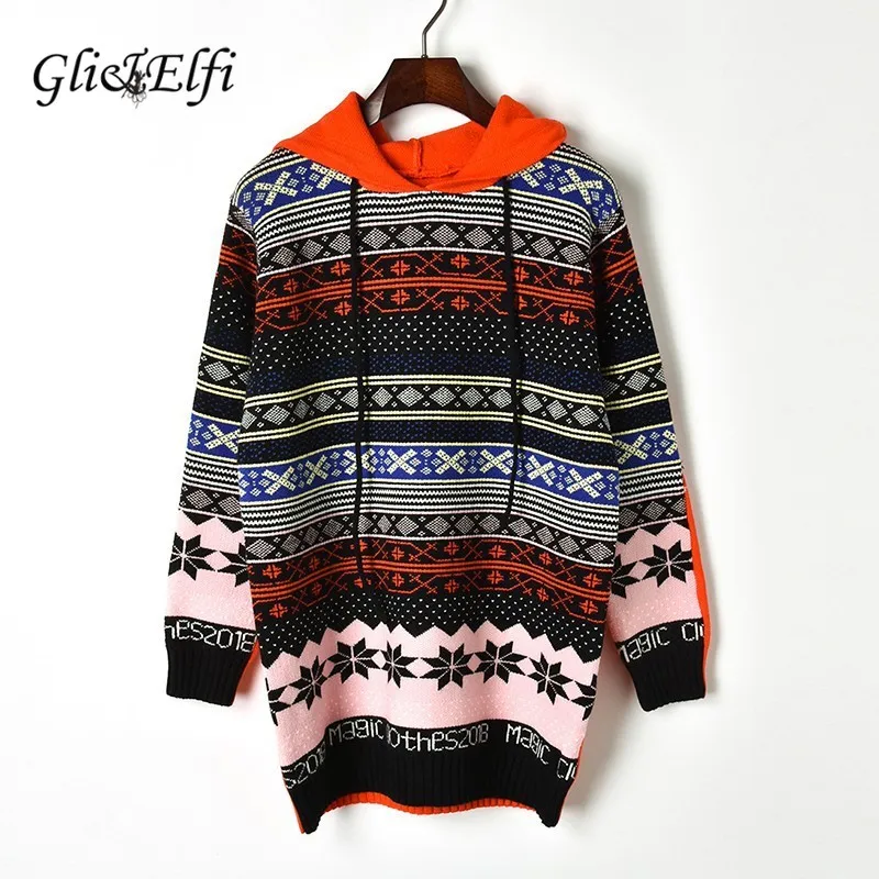 

Hoodies Women Fancy Orange Snowflakes Stripe Jacquard 2018 Autumn Winter Casual Knitted Tops Antique Pullover Sweatshirt