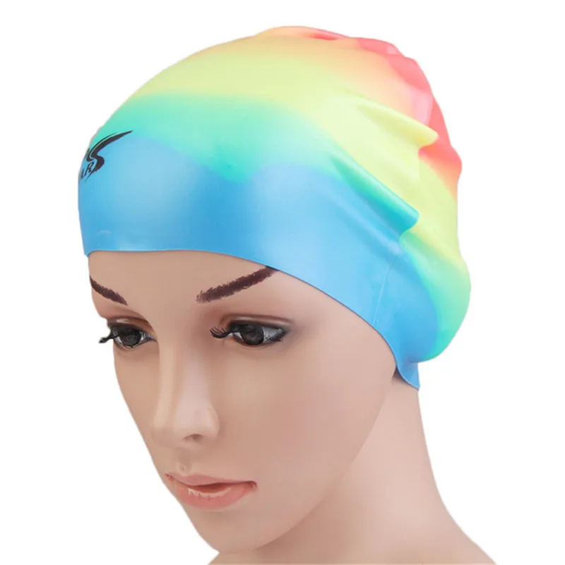 Женская шапочка для плавания, эластичная мягкая силиконовая шапочка для плавания, легкая водонепроницаемая многоцветная Защитная шапка для длинных волос - Цвет: E