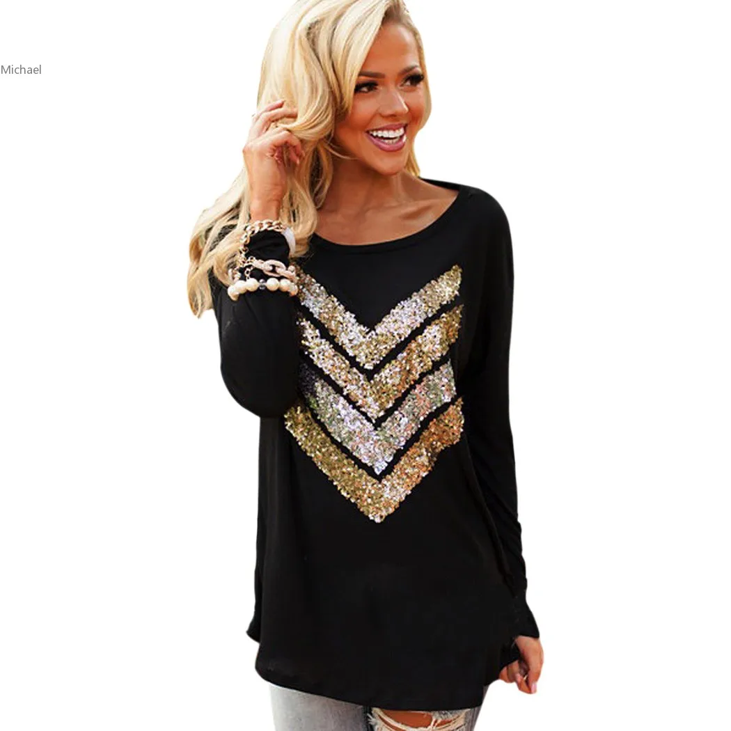 Casual Women Sequin Arrow T Shirt Blusas Long Sleeve O Neck Stretch ...