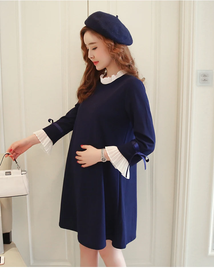 Корейская мода для беременных женщин осенние и зимние плюс толстый бархат сладкий кружева Стенд воротник платье