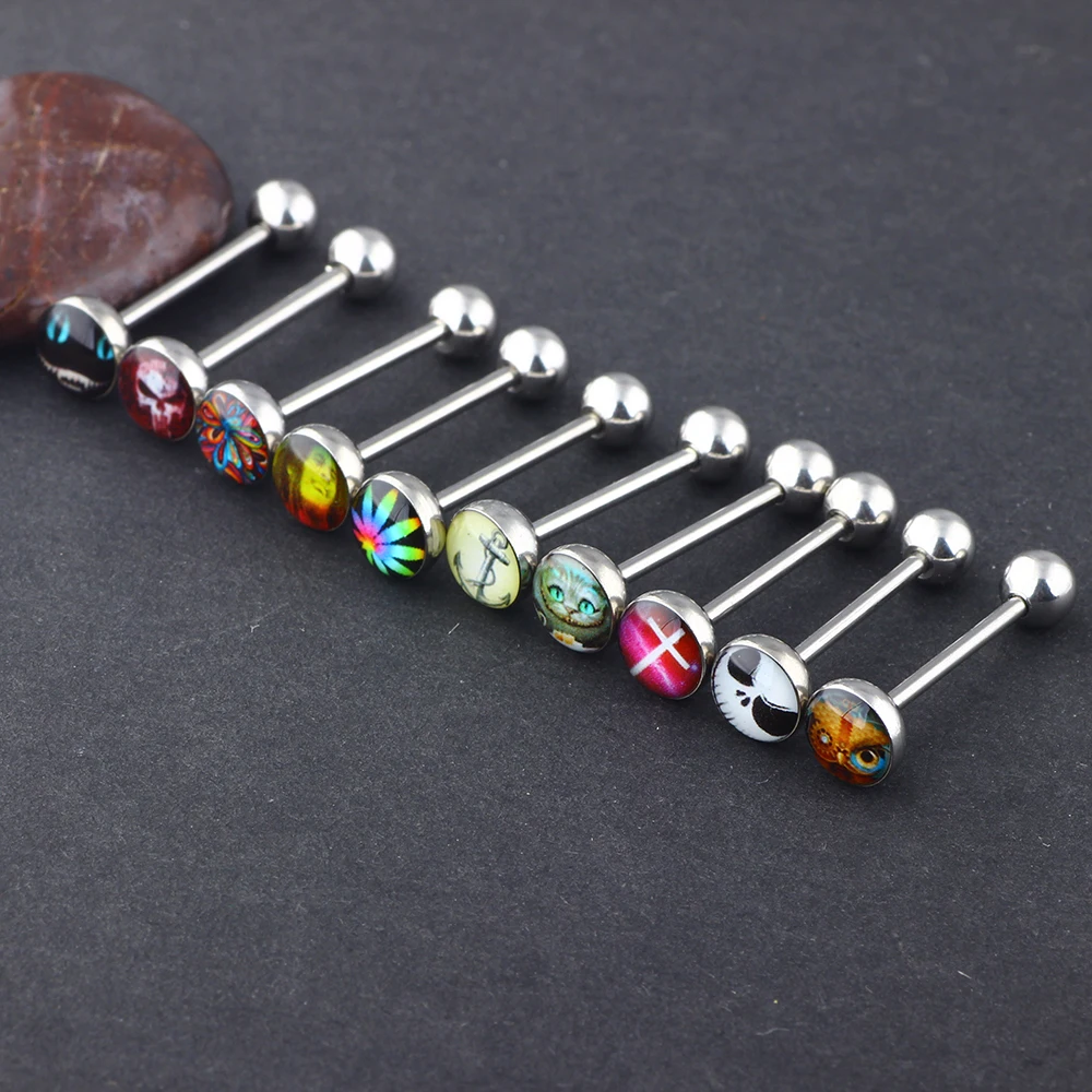 JUNLOWPY Mix Different Logos 50pcs Wholesale Tongue Barbells Earring Fashion Body Jewelry Women Nipple Rings Industrial Ear Kit