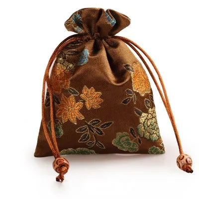 Вишневый цветок маленький китайский шелковый мешок Drawstring подарочные сумки сувенир для свадебной вечеринки мешочек для ювелирных украшений с подкладкой 50 шт./партия - Цвет: brown peony