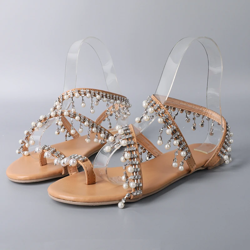 

Bohemian Ethnic Style Ladies Rome Shoes Summer Flat Heels Crystal Pearls Women's Sandals Flats Party Beach Shoes Plus Size 41 42